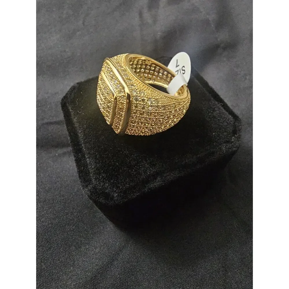 Size 7 Gold Plated steel Men's Ring-Square w/ prong set Cubic Zirconia stones